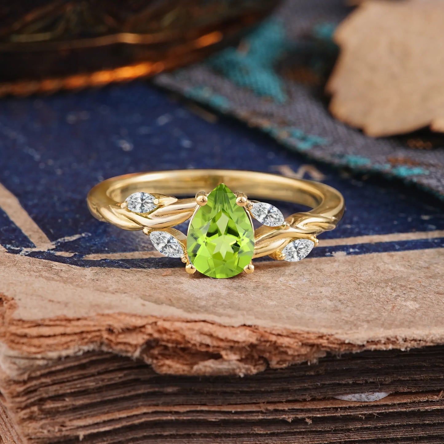 Exquisite 4-Prong Pear Cut Peridot Engagement Ring