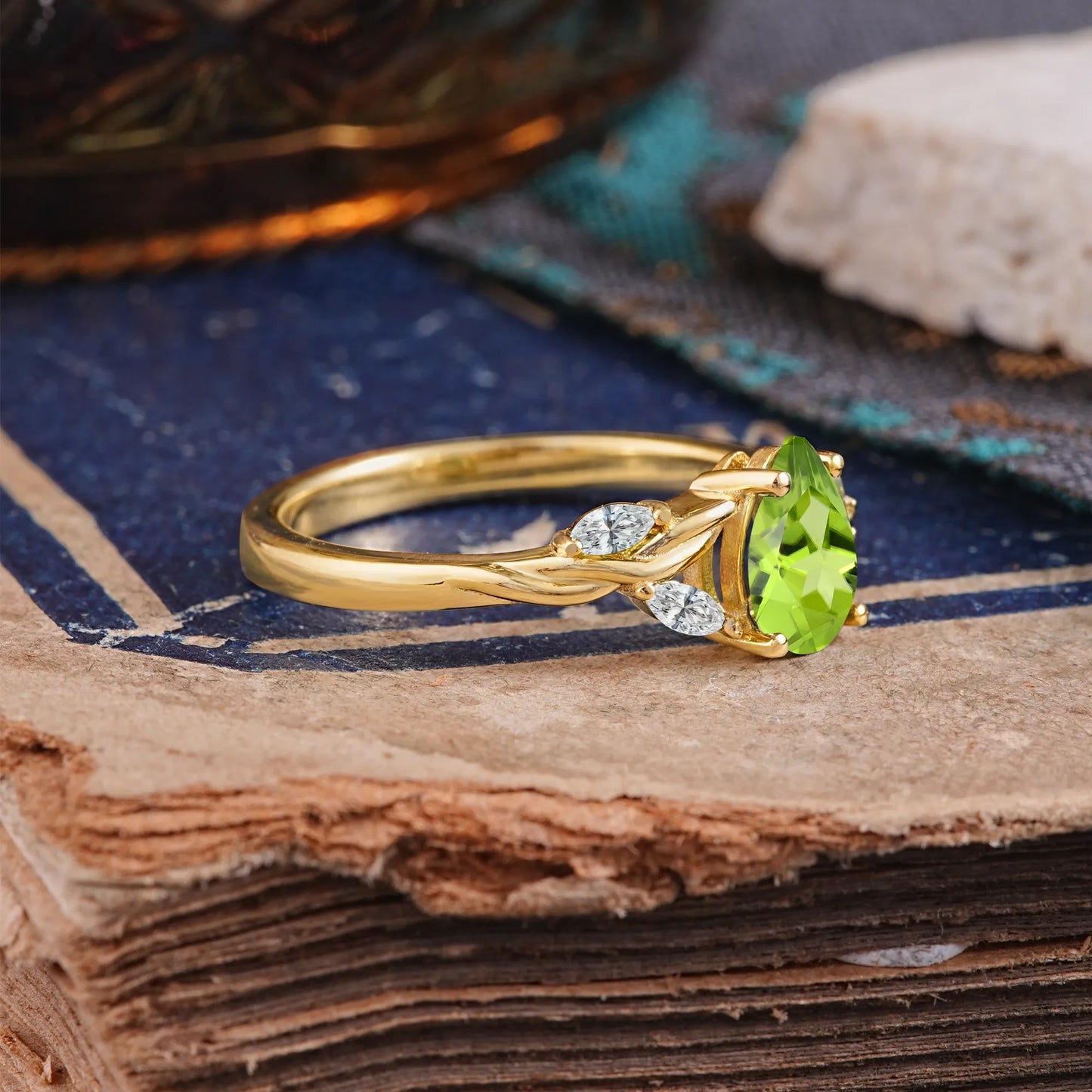Exquisite 4-Prong Pear Cut Peridot Engagement Ring
