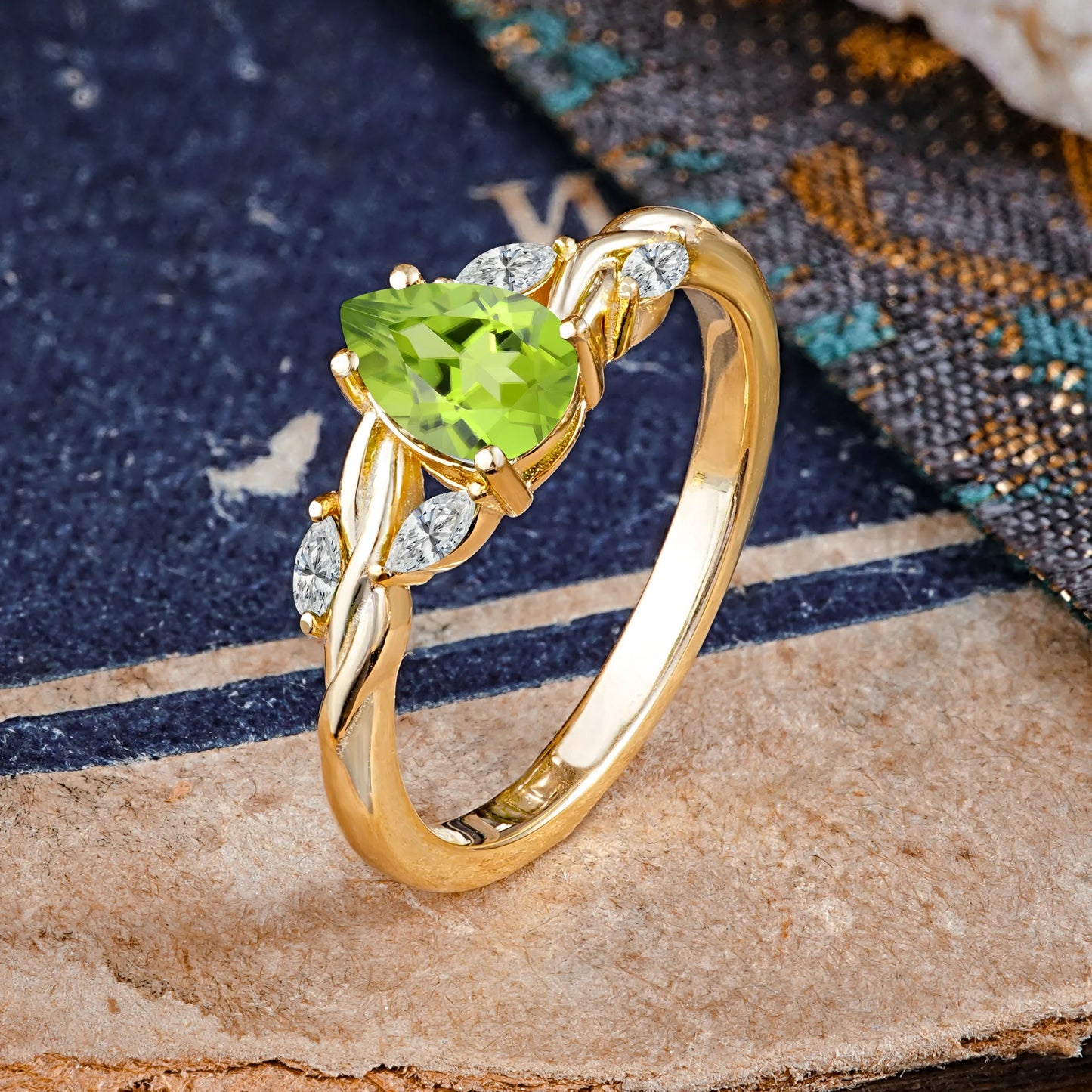 Exquisite 4-Prong Pear Cut Peridot Engagement Ring
