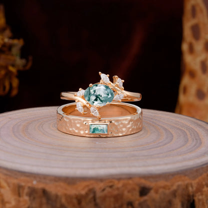 Nature Inspiration Luxury Retro 6-Prong Moss Agate Promise Couples Rings