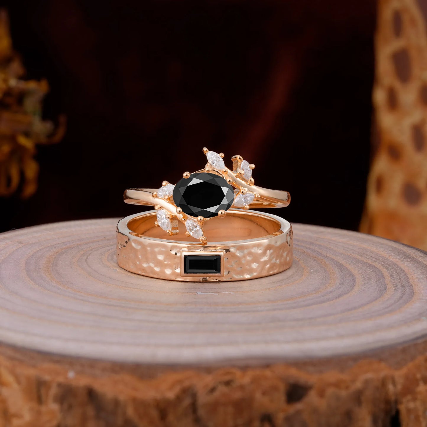 Nature Inspiration Luxury Retro 6-Prong Black Onyx Promise Couples Rings