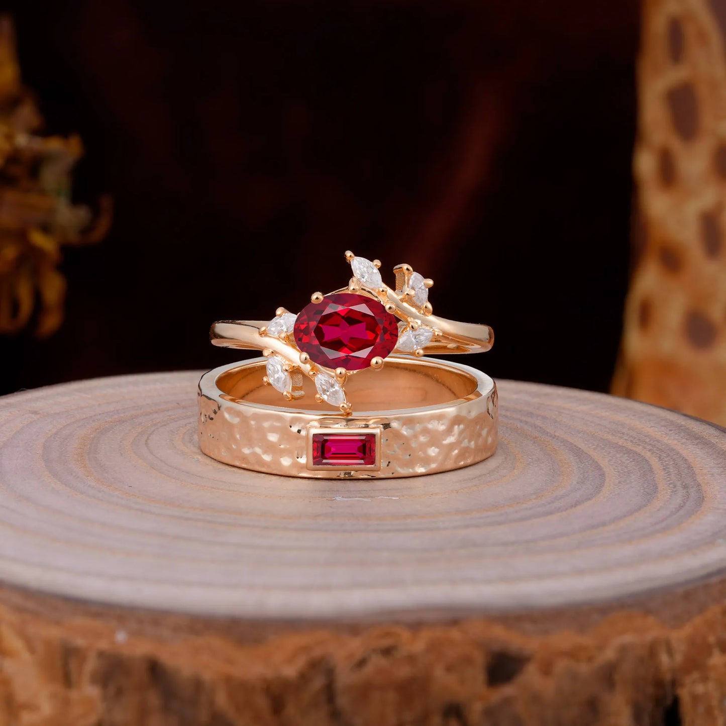 Nature Inspiration Luxury Retro 6-Prong Ruby Promise Couples Rings