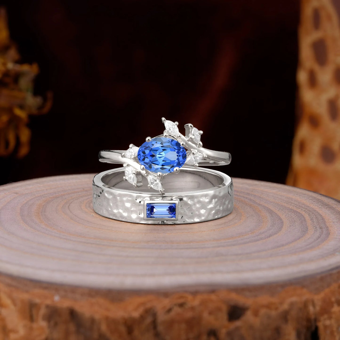 Nature Inspiration Luxury Retro 6-Prong Sapphire Promise Couples Rings
