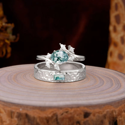Nature Inspiration Luxury Retro 6-Prong Moss Agate Promise Couples Rings