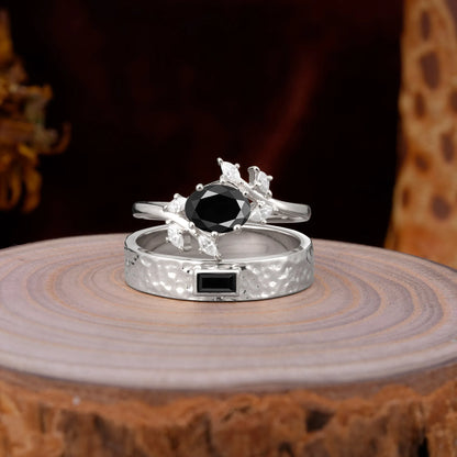 Nature Inspiration Luxury Retro 6-Prong Black Onyx Promise Couples Rings