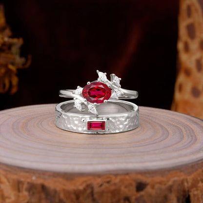 Nature Inspiration Luxury Retro 6-Prong Ruby Promise Couples Rings
