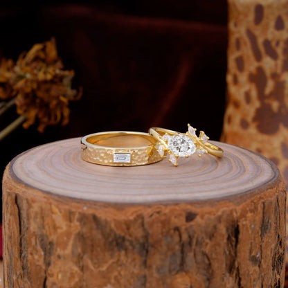 Nature Inspiration Luxury Retro 6-Prong Moissanite Promise Couples Rings