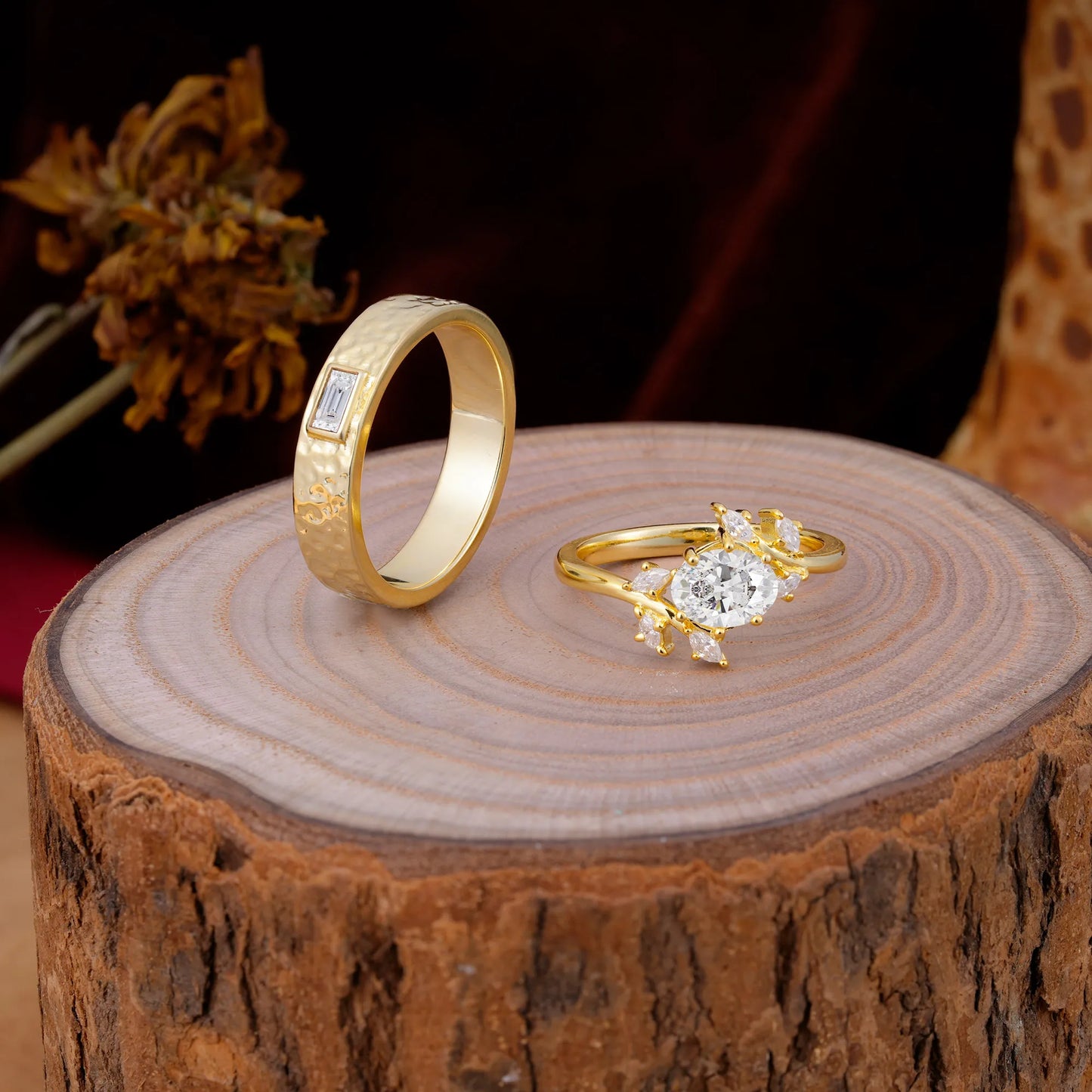 Nature Inspiration Luxury Retro 6-Prong Moissanite Promise Couples Rings