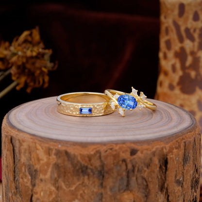 Nature Inspiration Luxury Retro 6-Prong Sapphire Promise Couples Rings