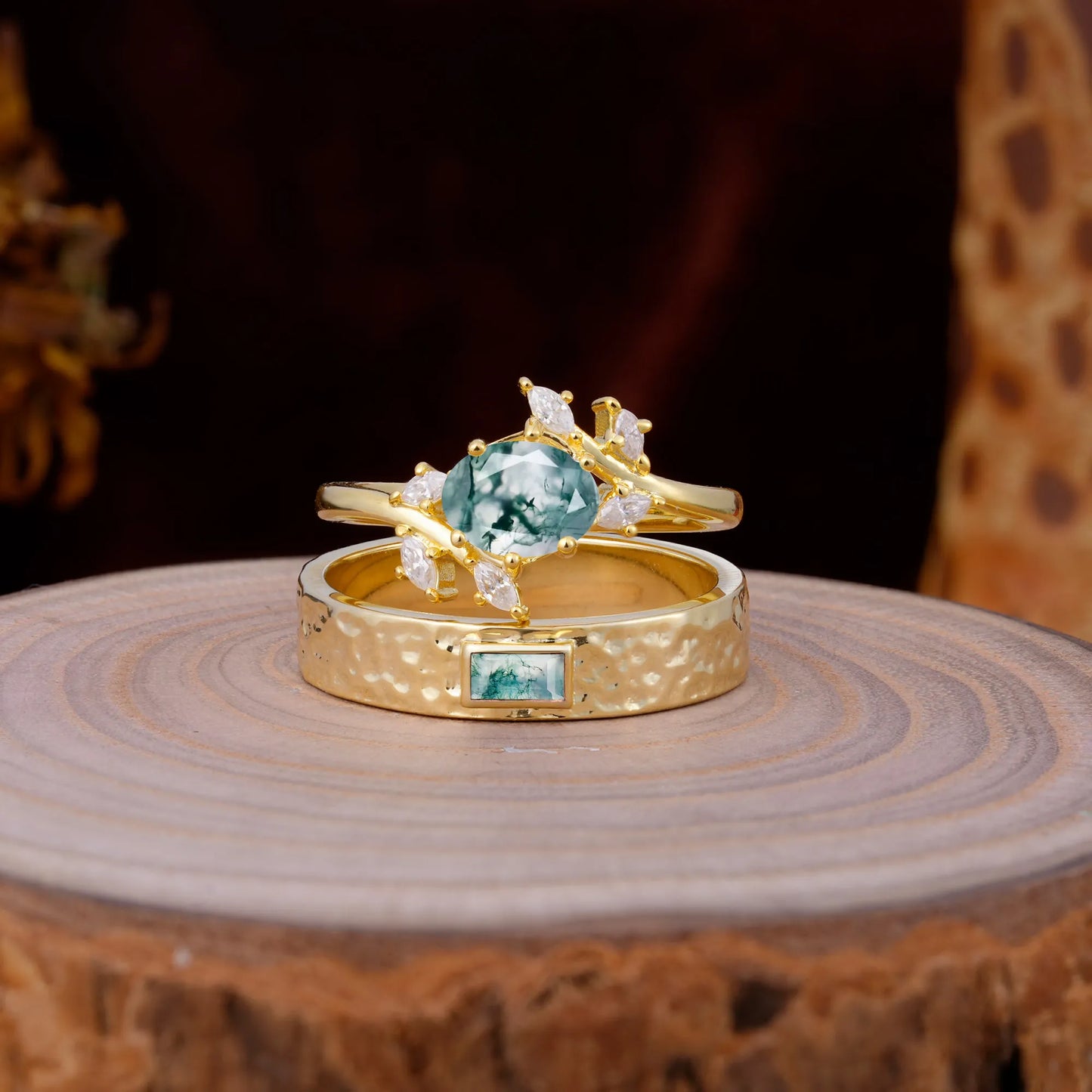 Nature Inspiration Luxury Retro 6-Prong Moss Agate Promise Couples Rings