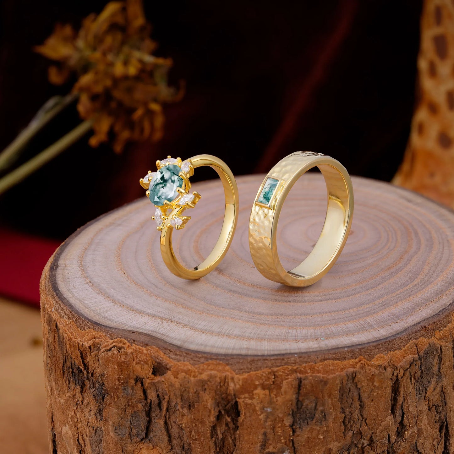 Nature Inspiration Luxury Retro 6-Prong Moss Agate Promise Couples Rings
