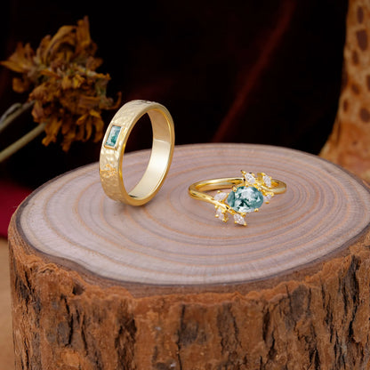 Nature Inspiration Luxury Retro 6-Prong Moss Agate Promise Couples Rings
