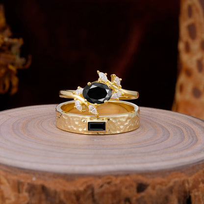 Nature Inspiration Luxury Retro 6-Prong Black Onyx Promise Couples Rings