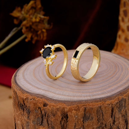 Nature Inspiration Luxury Retro 6-Prong Black Onyx Promise Couples Rings