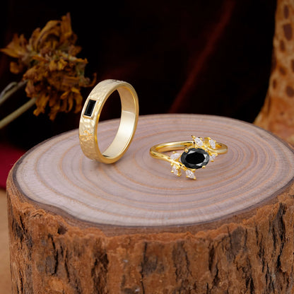 Nature Inspiration Luxury Retro 6-Prong Black Onyx Promise Couples Rings