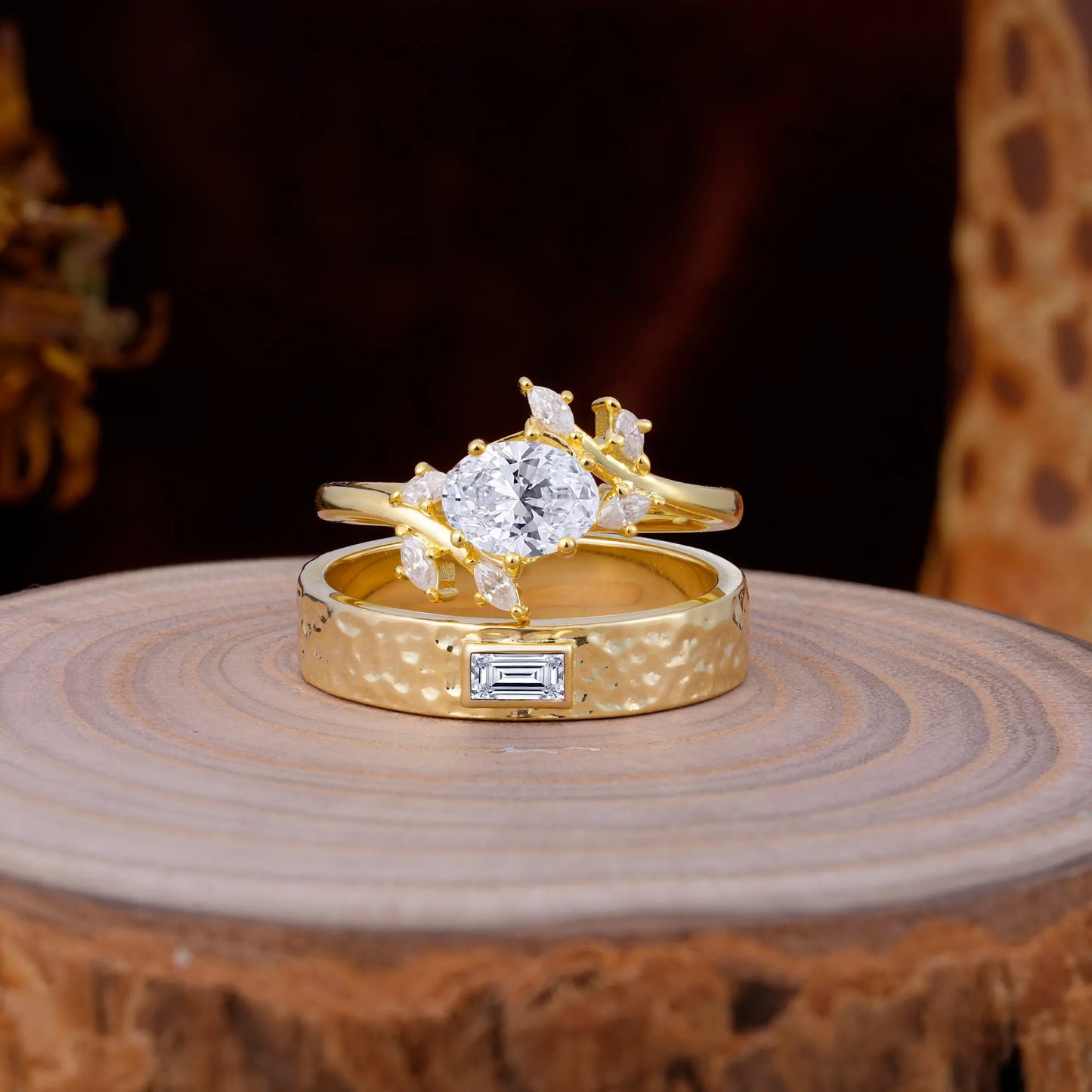 Nature Inspiration Luxury Retro 6-Prong Lab Diamond Promise Couples Rings