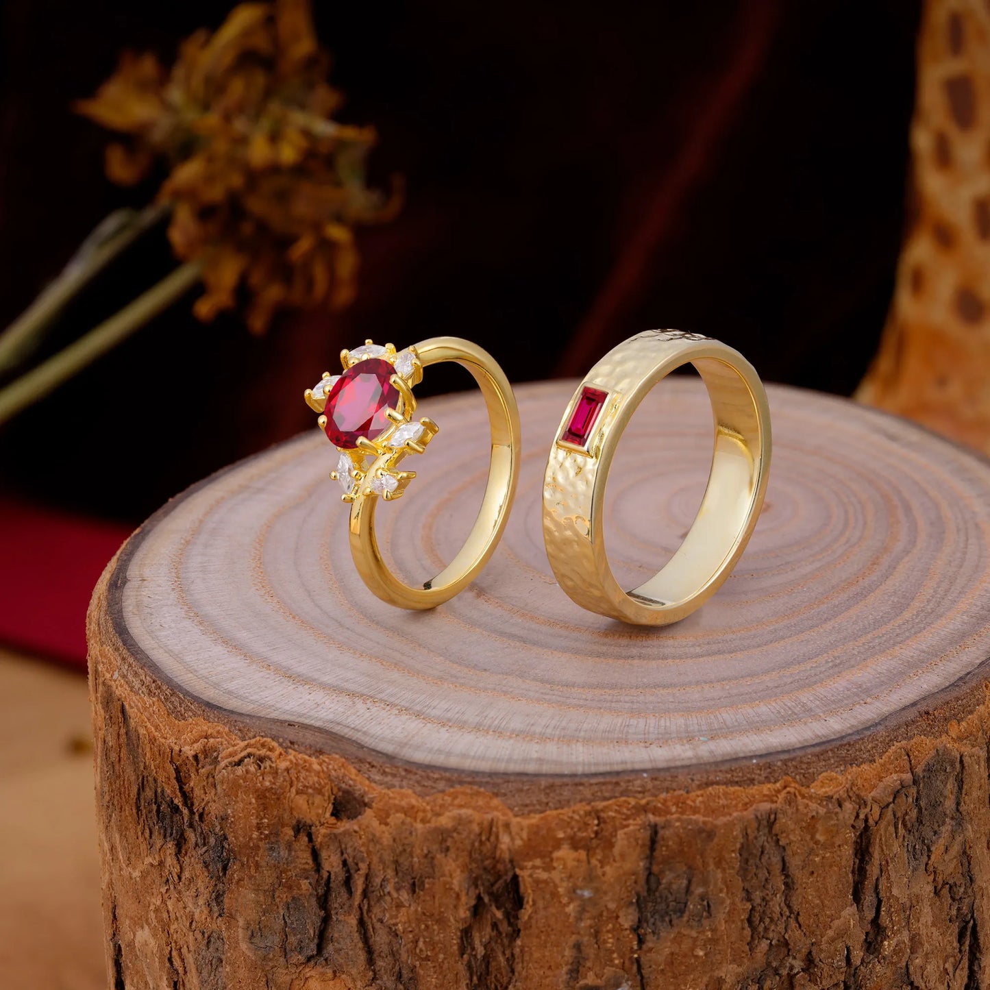 Nature Inspiration Luxury Retro 6-Prong Ruby Promise Couples Rings