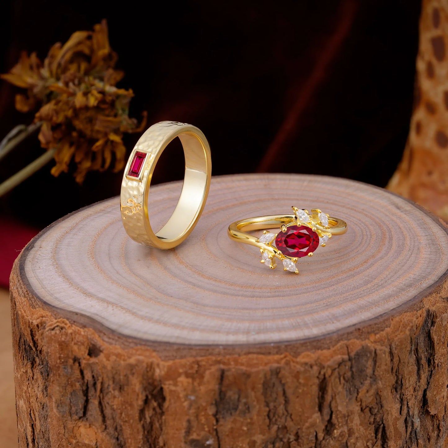 Nature Inspiration Luxury Retro 6-Prong Ruby Promise Couples Rings