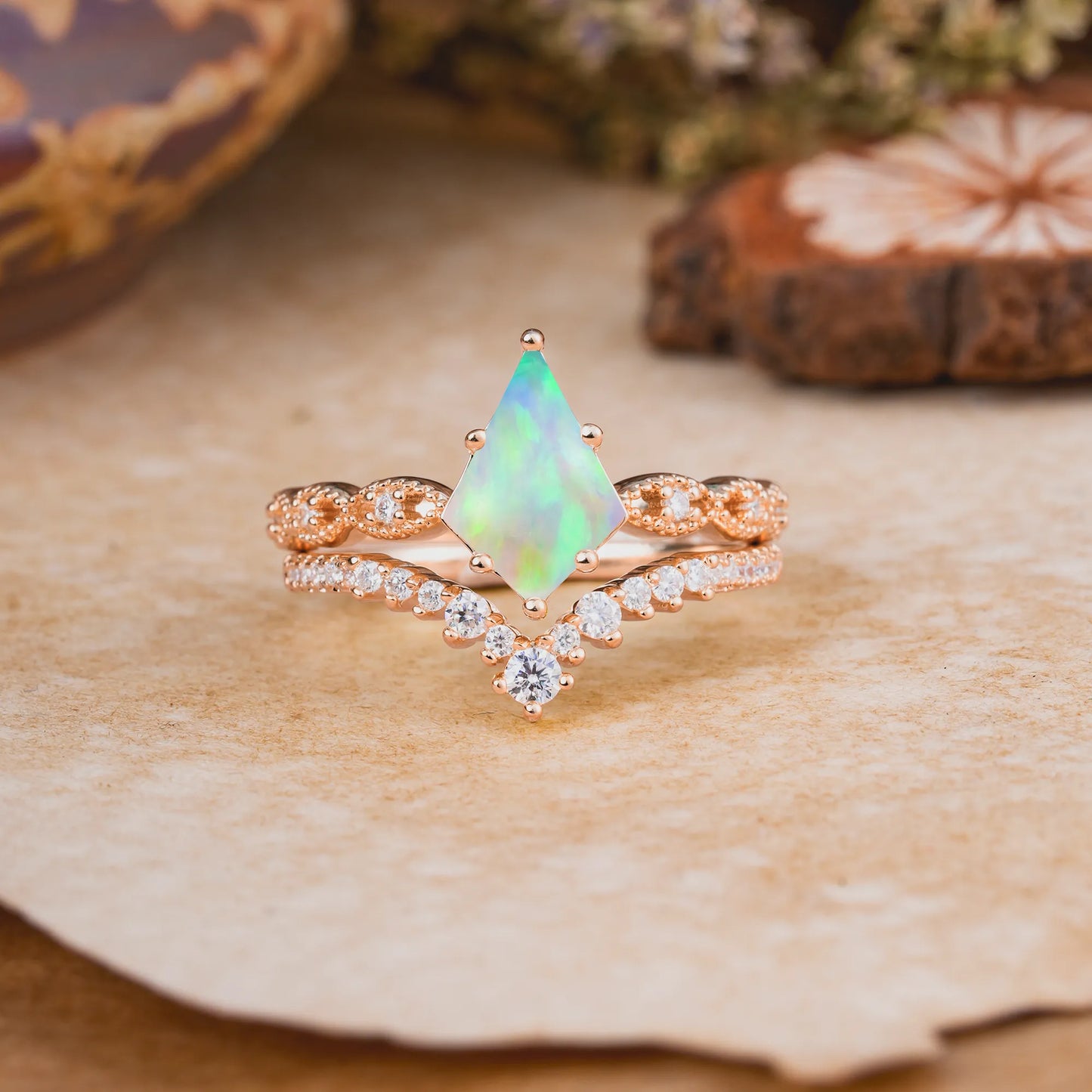 Luxury Vintage 6-Prong Kite-Cut Natural Opal Engagement Ring Set