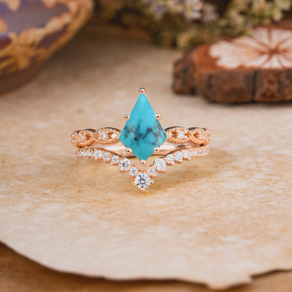 Luxury Vintage 6-Prong Kite-Cut Natural Turquoise Engagement Ring Set