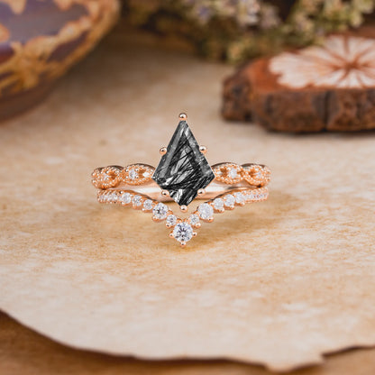 Luxury Vintage 6-Prong Kite-Cut Natural Black Rutilated Quartz Engagement Ring Set