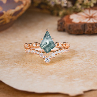 Luxury Vintage 6-Prong Kite-Cut Natural Moss Agate Engagement Ring Set