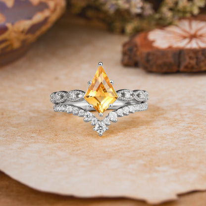 Luxury Vintage 6-Prong Kite-Cut Citrine Engagement Ring Set