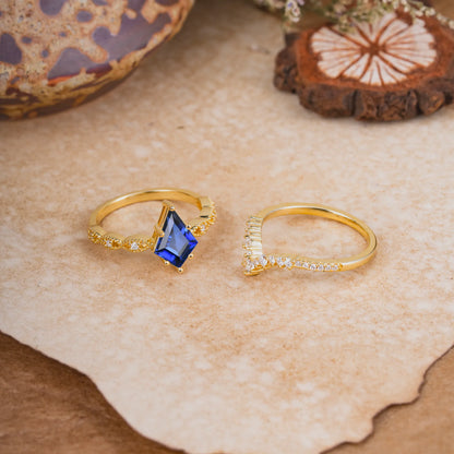 Luxury Vintage 6-Prong Kite-Cut Sapphire Engagement Ring Set