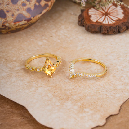 Luxury Vintage 6-Prong Kite-Cut Citrine Engagement Ring Set