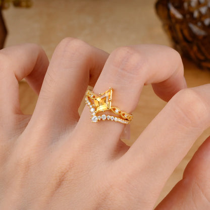Luxury Vintage 6-Prong Kite-Cut Citrine Engagement Ring Set