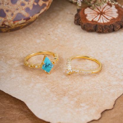 Luxury Vintage 6-Prong Kite-Cut Natural Turquoise Engagement Ring Set