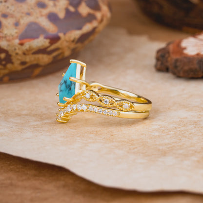 Luxury Vintage 6-Prong Kite-Cut Natural Turquoise Engagement Ring Set