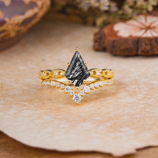 Luxury Vintage 6-Prong Kite-Cut Natural Black Rutilated Quartz Engagement Ring Set