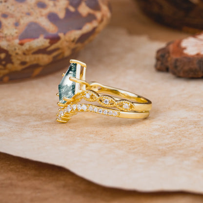Luxury Vintage 6-Prong Kite-Cut Natural Moss Agate Engagement Ring Set
