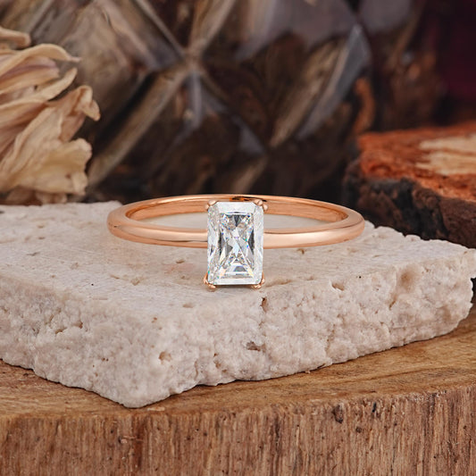 Minimalist Emerald Cut Solitaire Moissanite Engagement Ring