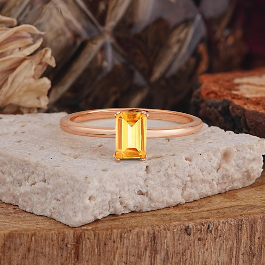 Minimalist Emerald Cut Solitaire Citrine Engagement Ring