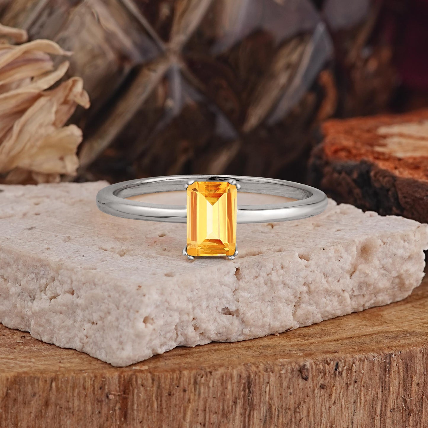 Minimalist Emerald Cut Solitaire Citrine Engagement Ring