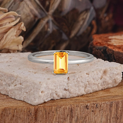 Minimalist Emerald Cut Solitaire Citrine Engagement Ring