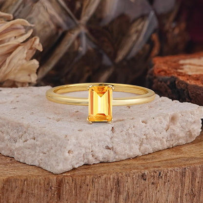 Minimalist Emerald Cut Solitaire Citrine Engagement Ring