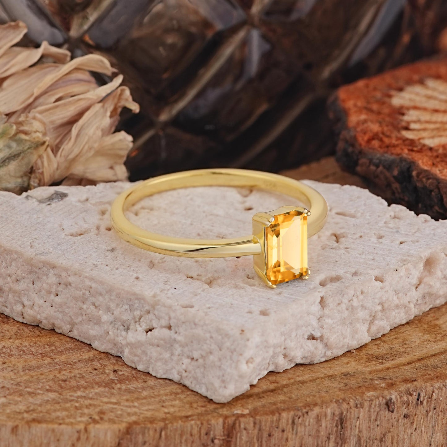 Minimalist Emerald Cut Solitaire Citrine Engagement Ring