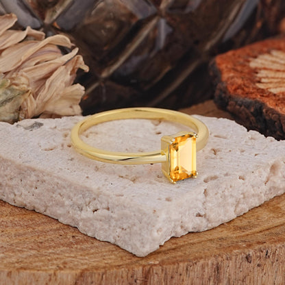 Minimalist Emerald Cut Solitaire Citrine Engagement Ring