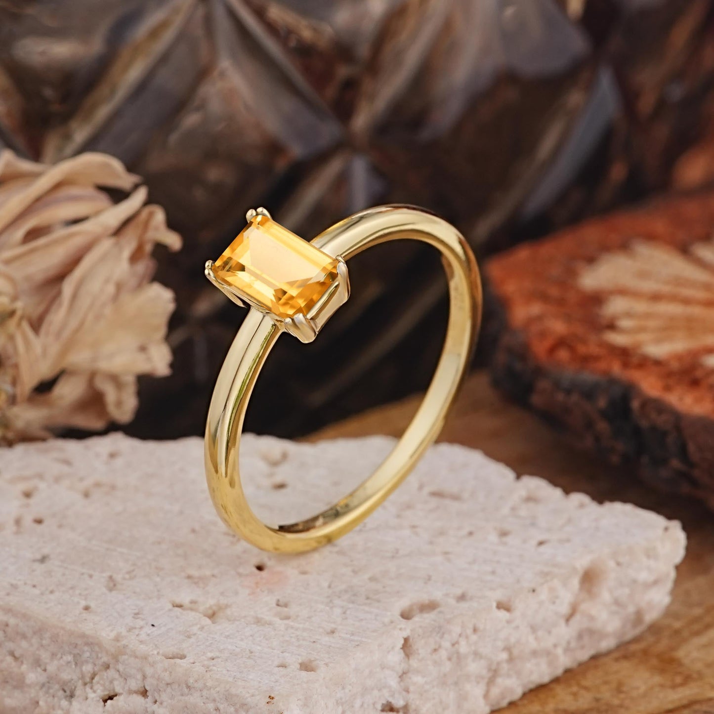 Minimalist Emerald Cut Solitaire Citrine Engagement Ring