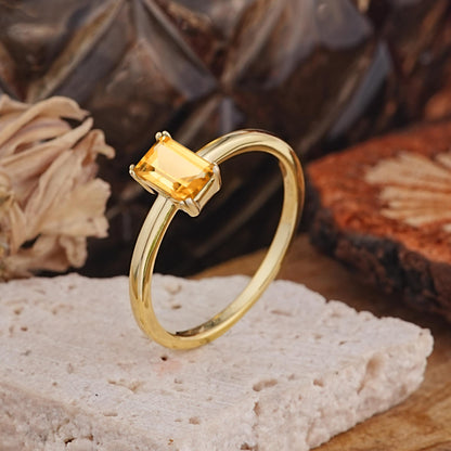 Minimalist Emerald Cut Solitaire Citrine Engagement Ring