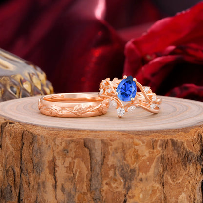 Vintage Leaf Pear Cut Sapphire Couple Wedding Ring