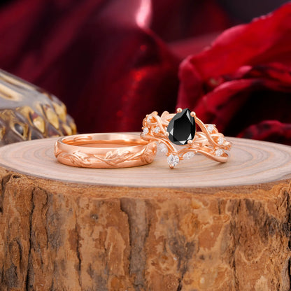 Vintage Leaf Pear Cut Black Onyx Couple Wedding Ring