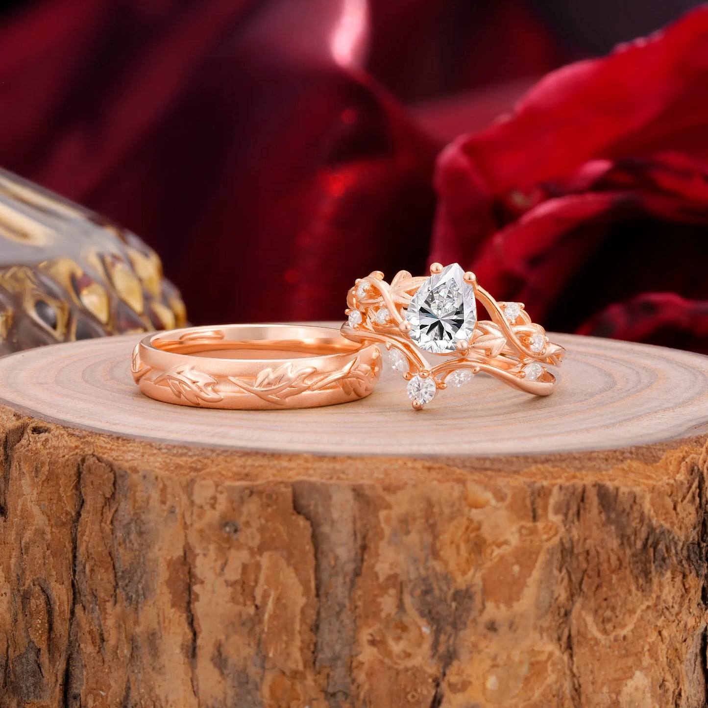 Vintage Leaf Pear Cut Lab Diamond Couple Wedding Ring