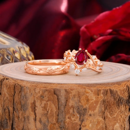 Vintage Leaf Pear Cut Ruby Couple Wedding Ring