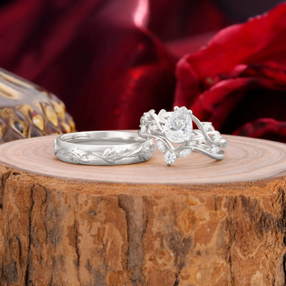 Vintage Leaf Pear Cut Moissanite Couple Wedding Ring
