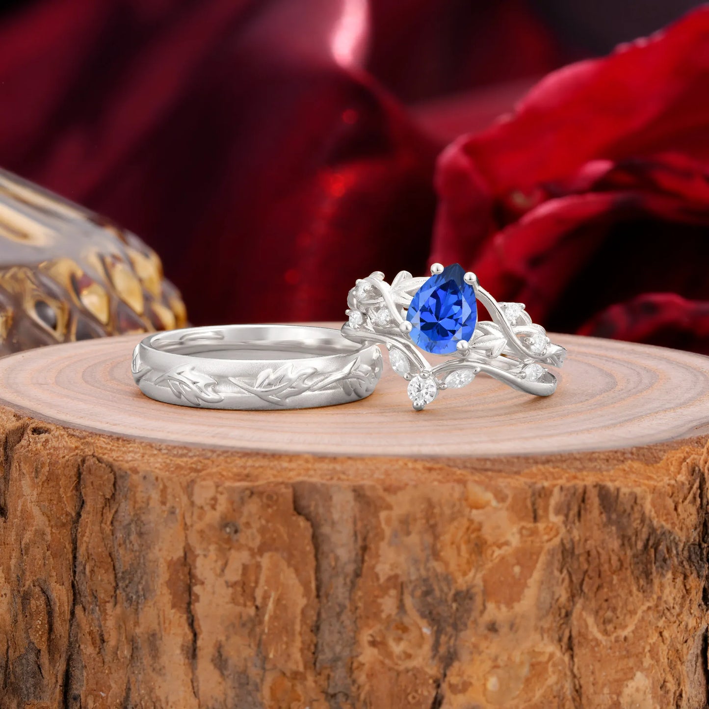 Vintage Leaf Pear Cut Sapphire Couple Wedding Ring