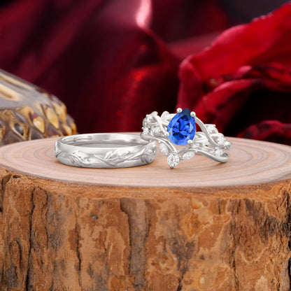 Vintage Leaf Pear Cut Sapphire Couple Wedding Ring